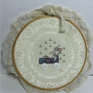 Handmade Framed Cross Stitch Mouse in Cart Decorative Hoop with Lace Trim Detail